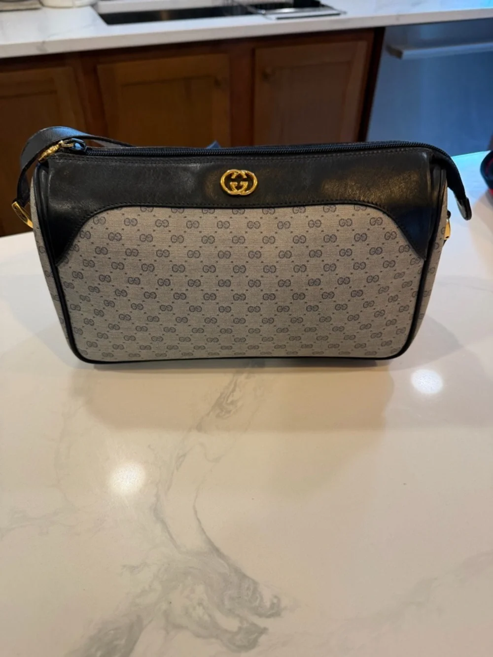 Gucci Blue Leather and Beige/Gray GG Monogram Shoulder Bag - Picture 2 of 14